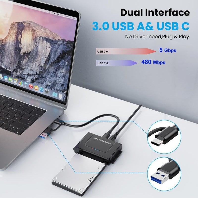 DELXING USB 3.0 to IDE SATA Adapter, USB Type C Hard Drive Reader External HDD Converter for 2.5/3.5 inches IDE SATA HDD SSD, 12V/2A Power Adapter Included - Image 3